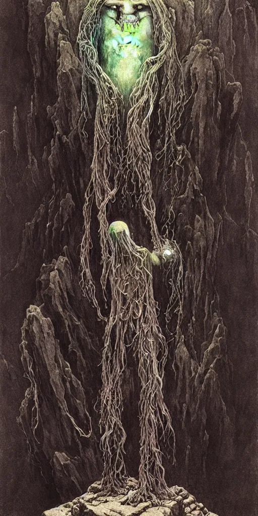 Image similar to A detailed lonely tesla android with jellyfish head stands among the mountains. Wearing a ripped mantle, robe. Perfect face, colossal scale, extremely high details, realistic, fantasy art, solo, masterpiece, art by Zdzisław Beksiński, Arthur Rackham, Dariusz Zawadzki