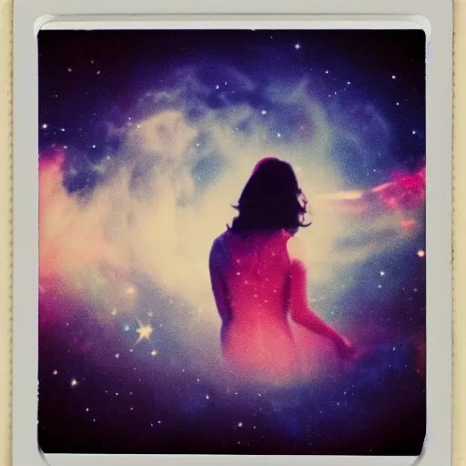 Image similar to vintage polaroid of a woman floating in deep space, detailed clouds, nebula, planets, galaxies, warm azure tones, red color bleed, film grain