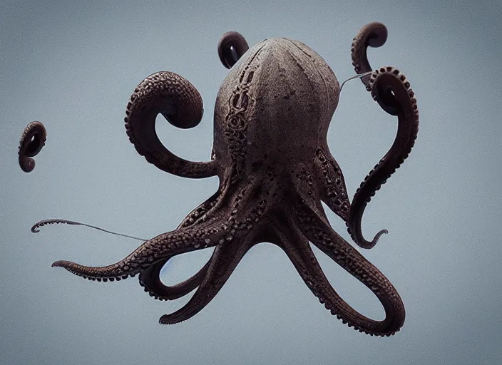 Image similar to “ flying octopus with three heads, realistic, octane render ”