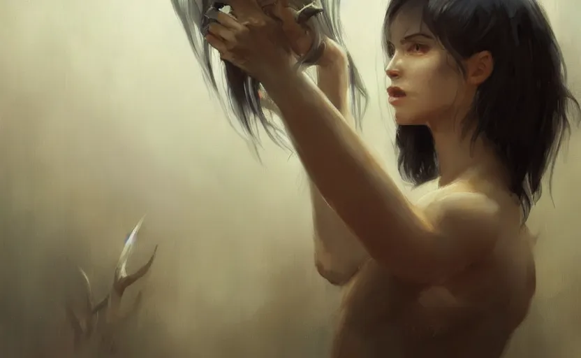 Image similar to a painting of aki trending on artstation in the style of greg rutkowski, beautiful, sensuality, natural skin, horns on head, long black hair