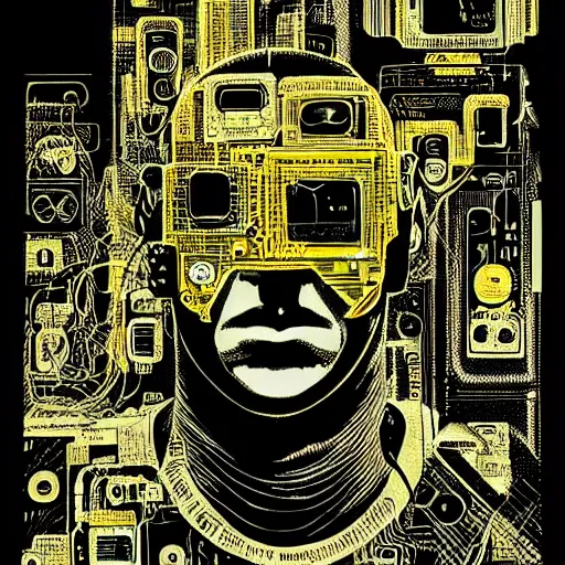 Image similar to a face covered in computer circuits, scifi, bladerunner, cyberpunk, heavy ink, yellow, illustration by mike mignola