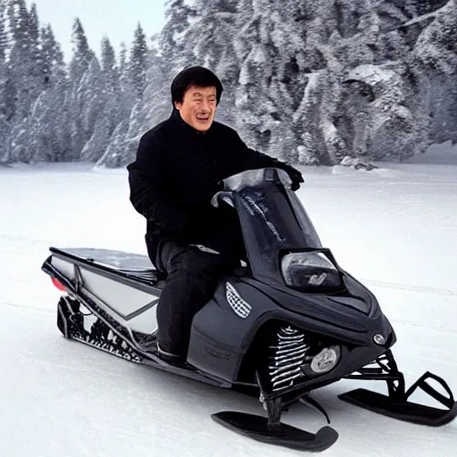 Image similar to jackie chan on a snowmobile