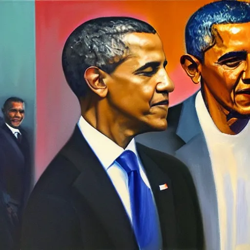 Prompt: expressive oil painting of Barack Obama and Mark Zuckerberg staring angrily at the viewer