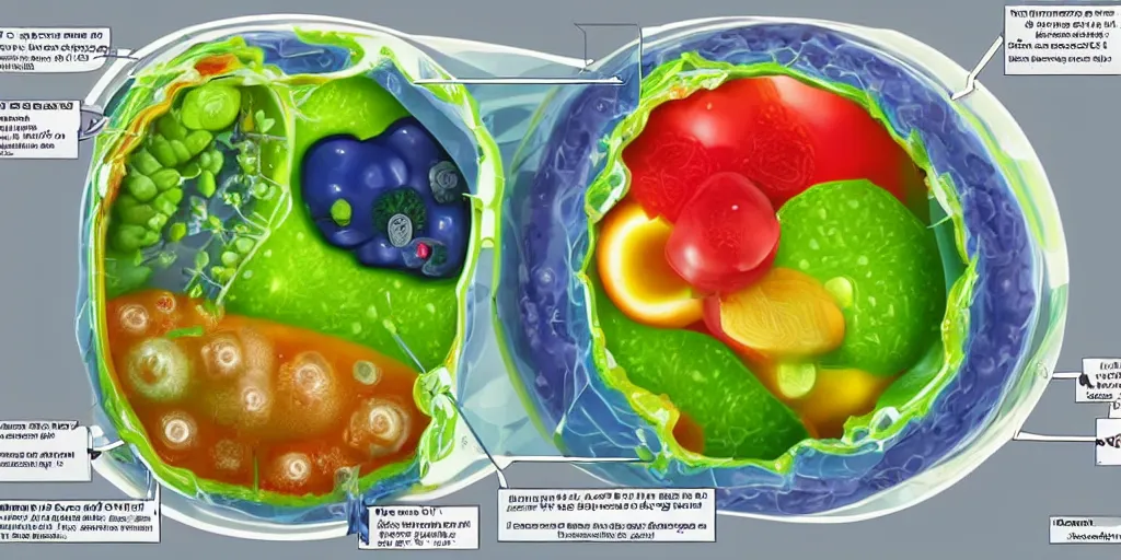 Image similar to cutaway of the interior of a human cell, showing the nucleus and organelles, made of fruit floating in jello