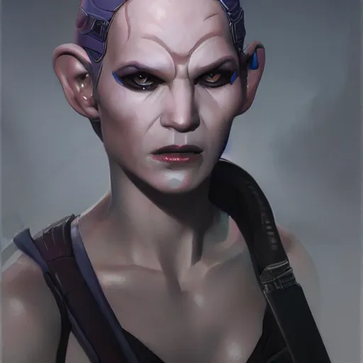 Image similar to portrait of a female Twi'lek by Greg Rutkowski, blue skin, she is about 30 years old, wearing black sith uniform, highly detailed portrait, digital painting, artstation, concept art, smooth, sharp foccus ilustration, Artstation HQ