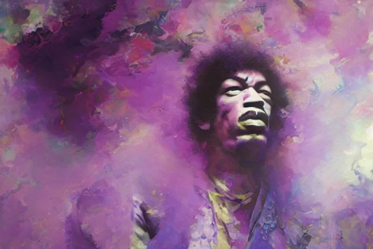 Image similar to jimi hendrix as a purple haze, soft, sharp focus, detailed, fractals, artwork by Ruan Jia