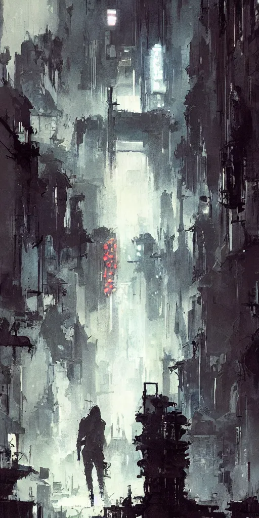 Image similar to the entrance of a stronghold located in the middle of a sci - fi city painted by ashley wood and phil hale, blade runner, masterpiece, award - winning, sharp focus, intricate concept art, ambient lighting, 8 k, artstation, pixiv