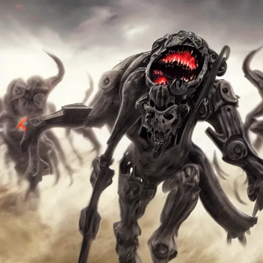 Image similar to demonic mechanised walker charging fleeing soldiers