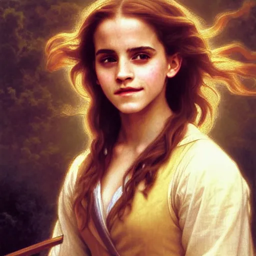 Image similar to Painting of Emma Watson as Hermione Granger. Wearing Hogwarts!!! robes!!!. Smiling. Happy. Cheerful. Art by william adolphe bouguereau. During golden hour. Extremely detailed. Beautiful. 4K. Award winning.