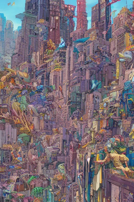 Prompt: a busy city with buildings covered in graffiti in the style of moebius, james jean, painterly, yoshitaka amano, hiroshi yoshida, loish, painterly, and artgerm, illustration