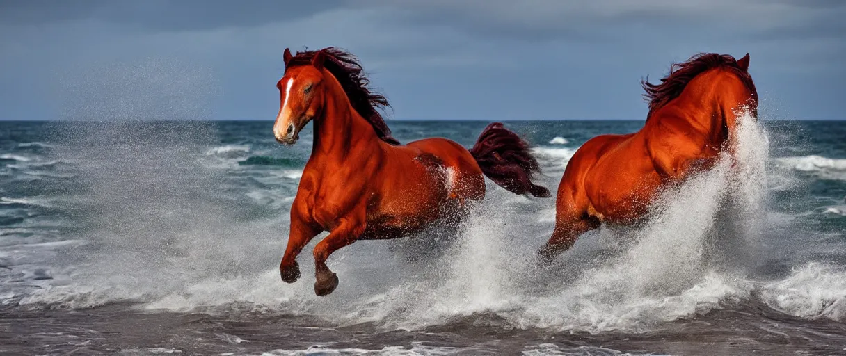 Prompt: horse running along a stormy ocean, large waves, vivid colors