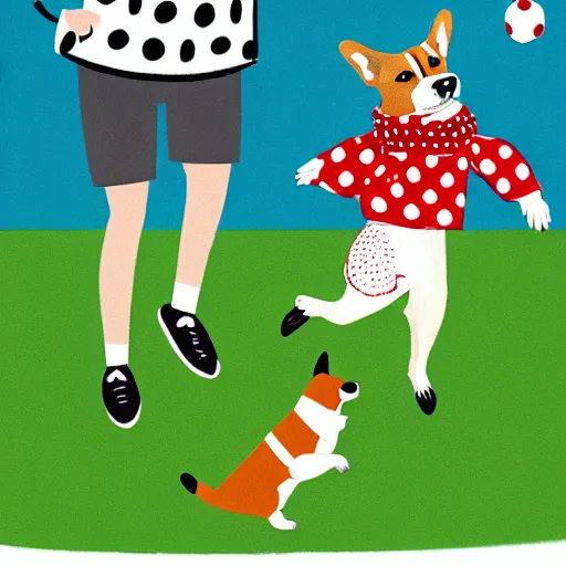 Image similar to illustration of french boy in paris playing football against a corgi, the dog is wearing a polka dot scarf