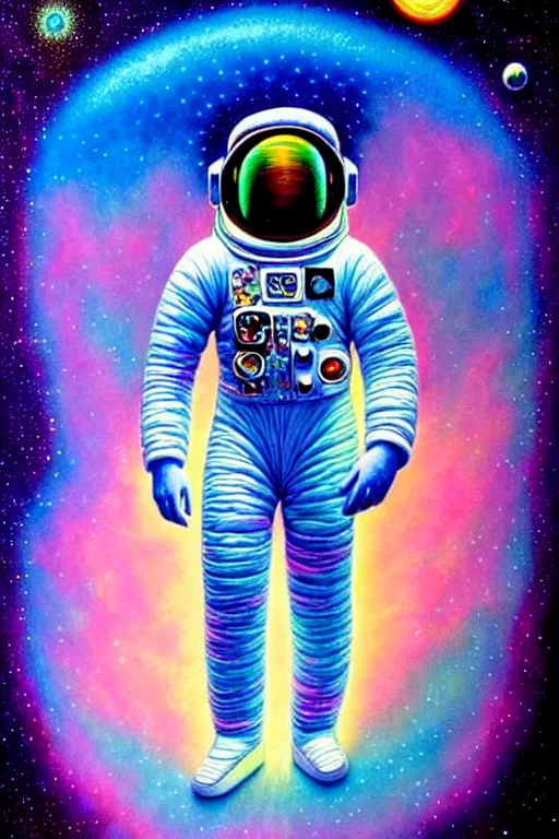 Prompt: a beautiful vibrant iridescent astronaut made from clouds, spiritual science, divinity, utopian, by david a. hardy, hana yata, kinkade, lisa frank,