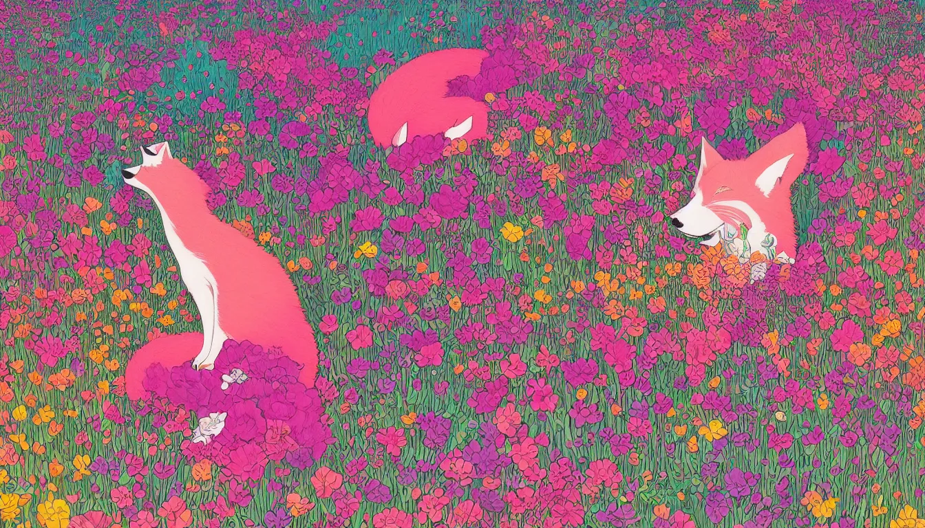 Image similar to pink fox head popping out of a field of multi colored flowers by kilian eng, victo ngai, josan gonzalez