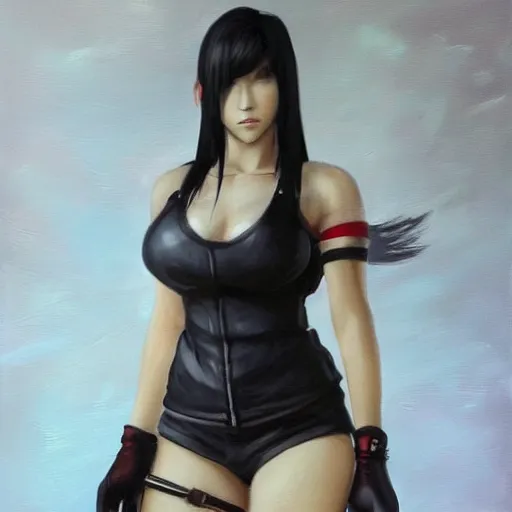 Prompt: a fullbody oil on canvas portrait of tifa from final fantasy 7 remake, trending on artstation, on canvas, very detailed, 8k, painted by leonardo davinci, full legs, fully clothed, detailed face, masterpiece