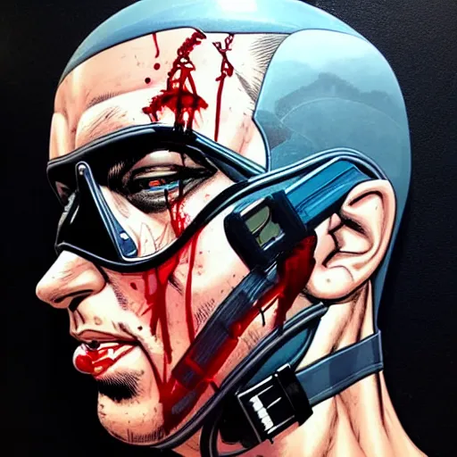 Image similar to a profile photo of an evil man with a diving oxygen mask with side profile blood in ocean intricate details by MARVEL comics and Sandra Chevrier-C