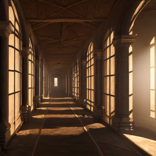 Image similar to inside a victorian hallway with bookcases on the walls, sunlight shines through the windows and produces rays of light in the dust ray traced unreal 5, ultra details