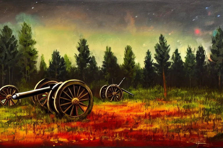 Prompt: cannons firing to the left, artillery, indirect fire, ww 1, forest clearing background, at night, oil on canvas, bloom highlights, view from the ground, poster art, darkness, video game art, digital art, fine brushstrokes, hdr, 4 k