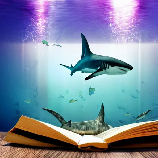 Image similar to a shark underwater reading a book realistic hdr photoshoot