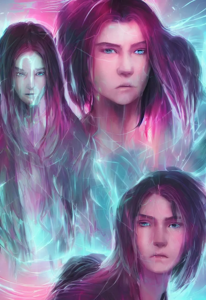 Prompt: neosynthetic spirit techwear, looking at camera, candid photography, luminous, concept character sheet, long hair, pastel red blue pallette, detailed eyes, exaggerated facial expressions
