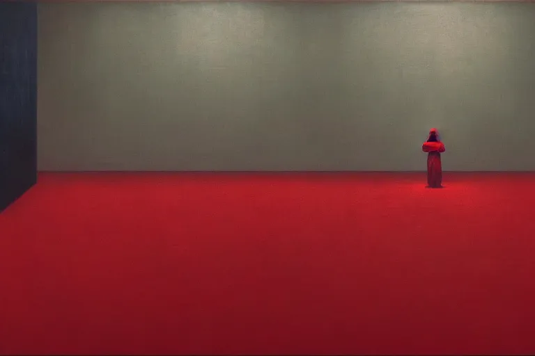 Image similar to only with red, netflix studios with workers, a big mickey mouse head in the middle of the room, in the style of beksinski, parts by edward hopper, parts by rodcenko, parts by yue minjun, intricate and epic composition, red by caravaggio, insanely quality, highly detailed, masterpiece, red light, artstation, 4 k