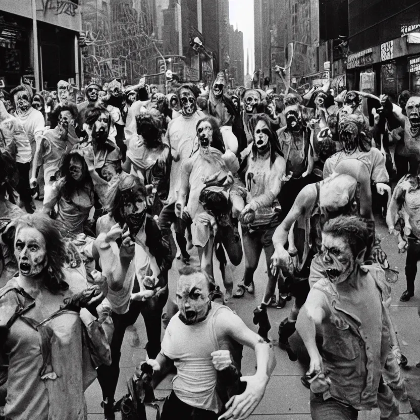 Image similar to horde of radioactive zombies staggering in new york city street, 1970s, 35mm film look, Kodak Portra 400, 8k