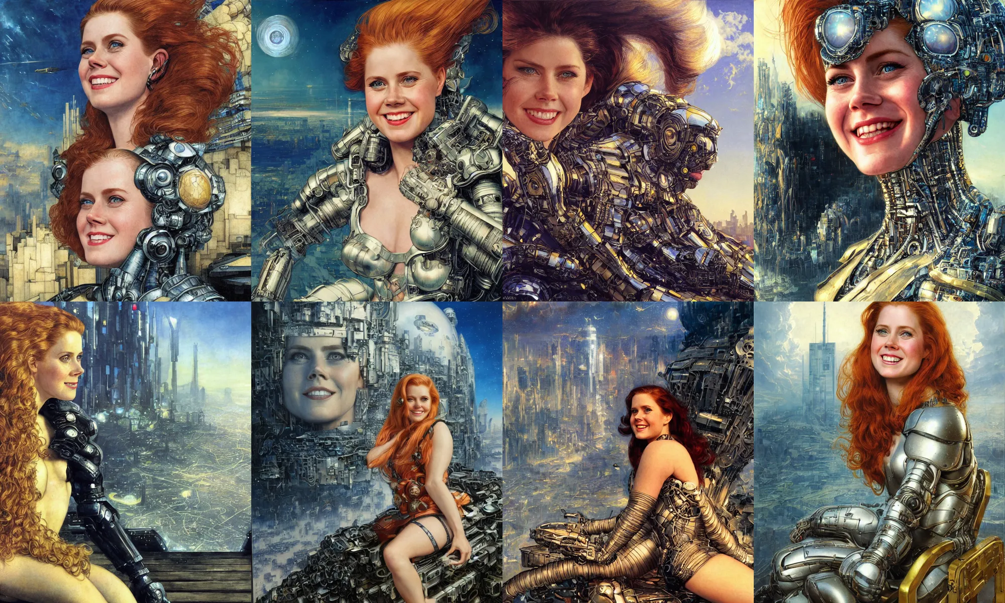 Image similar to close - up portrait of epic young amy adams smiling into camera, intricate cyborg armor, sitting on a bench, vista of futuristic city, windy, golden hour, wlop, by gerald brom, by mikhail vrubel, by peter elson, extreme detail, trending on artstation