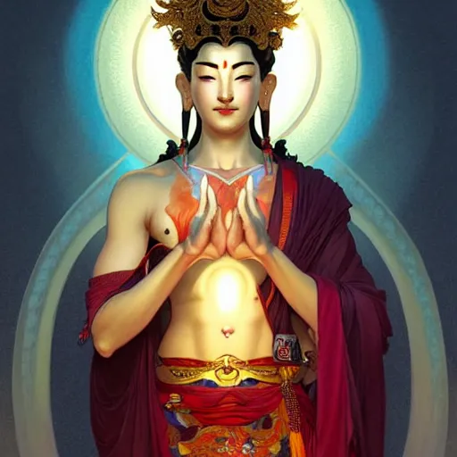 Image similar to avalokiteshvara cutting his fingernails, intricate, elegant, highly detailed, my rendition, digital painting, artstation, concept art, smooth, sharp focus, radiant light, illustration, art by artgerm and greg rutkowski and alphonse mucha