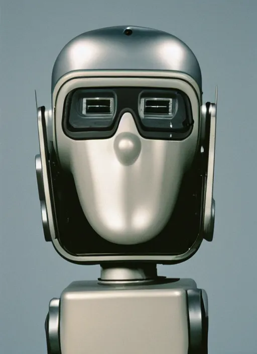 Image similar to a portrait photograph of a robot head designed by douglas coupland, 3 5 mm, color film camera,