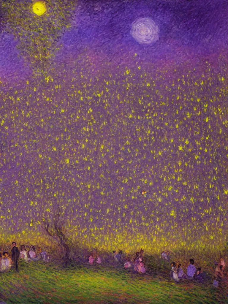 Prompt: gauzy twilight impressionist painting of fireflies in my backyard with an old apple tree in a purple cast with people! dancing in the moonlight, moon in right of sky, very little city, intense purplish color oil painting by claude monet and piet mondrian, cosmic trending on artstation 8 k