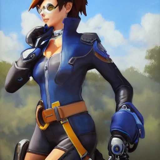 Image similar to oil painting of tracer overwatch in a field wearing large leather belt choker collar around neck, in style of mark arian, expressive face, detailed face, detailed eyes, full body, feminine face, tracer overwatch,