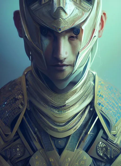 Image similar to symmetry!! portrait of futuristic samurai, sci - fi, tech wear, intricate, elegant, highly detailed, digital painting, artstation, cinematic lighting, concept art, smooth, sharp focus, illustration, art by artgerm and greg rutkowski and alphonse mucha, 8 k