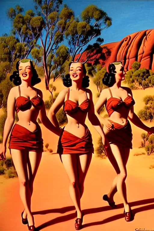 Prompt: 1940s group of pinup bikini girls walking around 1940s Ayers Rock, Uluru, in Australia, oil painting, by Gil Elvgren