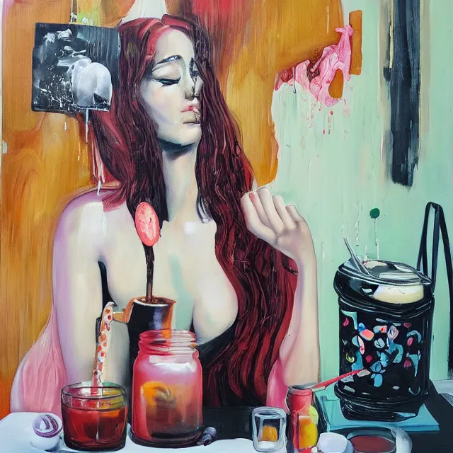 Image similar to “ sensual, a portrait in a female art student ’ s apartment, pancakes, woman drinking an iced latte from a painting, berries, art supplies, a candle dripping white wax, berry juice drips, neo - expressionism, surrealism, acrylic and spray paint and oilstick on canvas ”