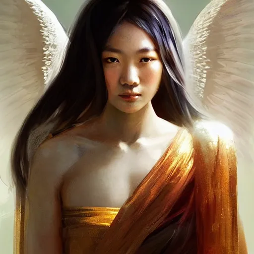 Prompt: Portrait of a Asian Goddess with angel wings, and a glowing halo, white lighting, digital art by Ruan Jia and Mandy Jurgens and Artgerm, highly detailed, trending on artstation, award winning,