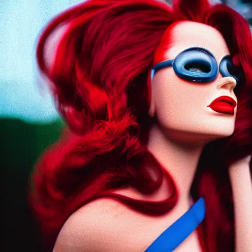 Prompt: film photography of captain jessica rabbit, head and shoulders photography. kodak ektar 4 0 0. canon f 1. 2.