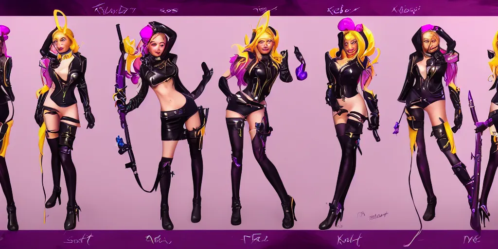 Image similar to character sheet of beautiful KDA More Miss Fortune (wild rift). digital art, concept art, realistic, highly detailed, trending on artstation, 4k, trending on artstation