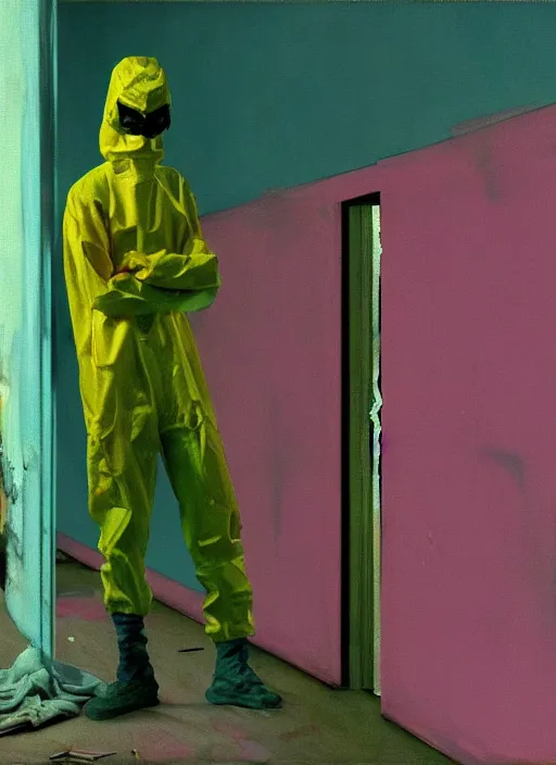 Image similar to a skinny, starving artist in a hazmat suit, painting the walls inside a deserted chernobyl, hauntingly surreal, highly detailed painting by francis bacon, edward hopper, adrian ghenie, gerhard richter, and james jean, soft light 4 k in pink, green and blue colour palette, science fiction, highly detailed