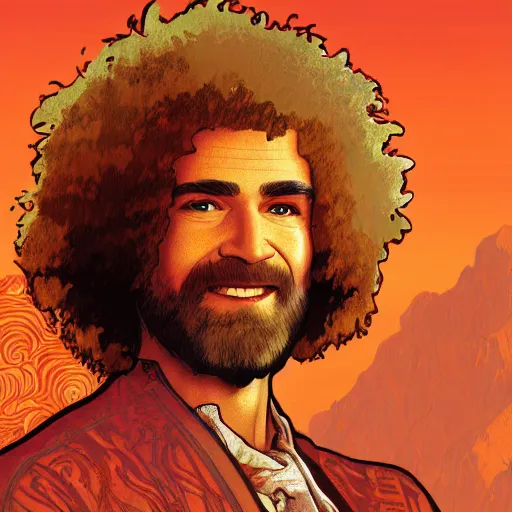 Image similar to an ultra detailed vector image of bob ross dressed as the prince of persia, concept art by alphonse mucha and greg rutkowski, bright red desert sands, bright yellow and red sun, octane render, praise the sun