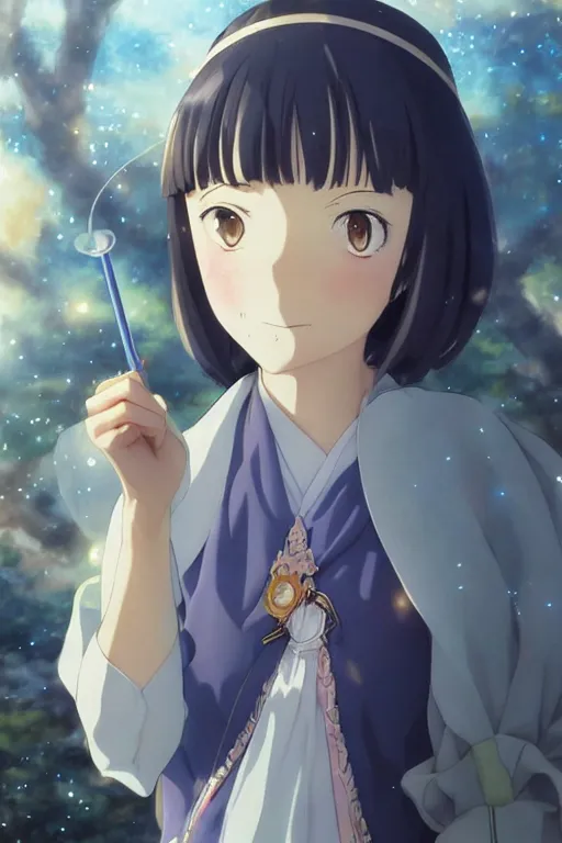 Prompt: beautiful female mage royalty, digital art, 8k, character, realistic, portrait, photorealism, japan watercolour, masterpiece art, manga and anime, official Kyoto Animation and Studio Ghibli anime screenshot, by Range Murata and Makoto Shinkai