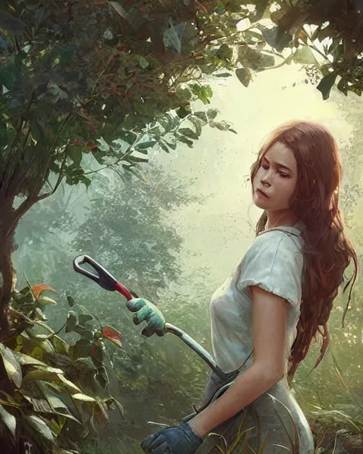 Image similar to a beautiful girl is taking care of the garden in a beautiful and varied vegetation dream garden with quality pruning shears, artstation greg rutkowski, cinematic, hyperrealist, beautiful face and features, the most beautiful girl digital art, light essential calm quality wlop projection render