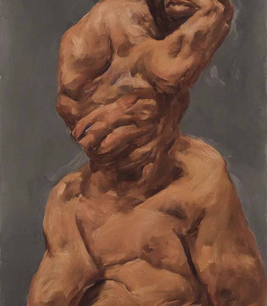 Image similar to the face and shoulders of a young politican without shirt in the style of lucian freud. smoking a cigarette. one hand is reaching behind he head. face has many wrinkles, cuts and character. he is looking down. oil painting, thick brush strokes. shadows. clean gray brown background. lit by a single light from above his head. perspective from below. 5 0 mm