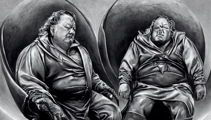 Image similar to ray winstone as baron harkonnen sitting on throne in dystopian science fiction hall in 1982 movie dune, by boris vallejo