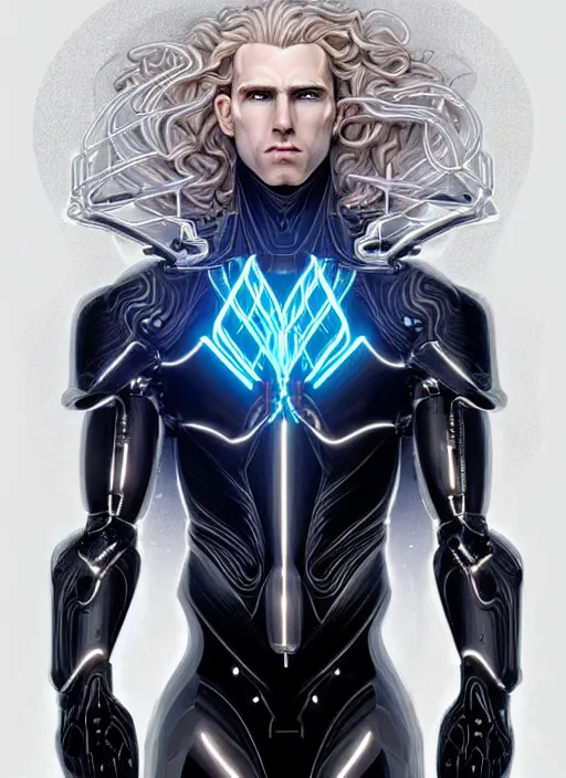 Image similar to symmetry portrait of a pale blond androgynous irish male cyborg with very curly long blond curly hair, clean shaven!!!!, sci - fi, black cybernetic armor, glowing lights intricate, elegant, highly detailed, digital painting, artstation, concept art, smooth, sharp focus, illustration, art by artgerm and greg rutkowski and alphonse mucha