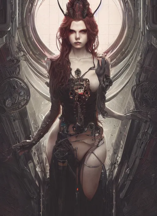 Prompt: a beautiful illustration of a cyberpunk witch with horns in head, intricate, sharp focus, illustration, highly detailed, digital painting, concept art, matte, art by wlop and artgerm and greg rutkowski and alphonse mucha, masterpiece