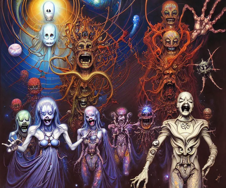 Prompt: realistic detailed image of a friendly figures of smiling ghosts and dmt jesters made of light walking back and forth in the outer space by Ayami Kojima, Amano, Karol Bak, Greg Hildebrandt, and Mark Brooks, Neo-Gothic, gothic, rich deep colors. Beksinski painting, part by Adrian Ghenie and Gerhard Richter. art by Takato Yamamoto. masterpiece