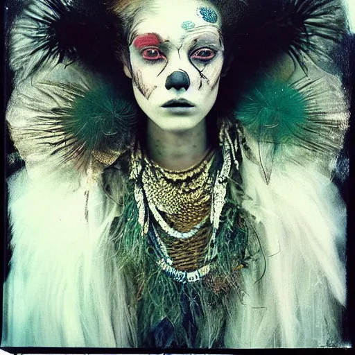 Prompt: kodak portra 4 0 0, wetplate, photo of a surreal artsy dream scene,, weird fashion, in the nature, highly detailed face, very beautiful model, portrait, expressive eyes, extravagant dress, carneval, animal, wtf, photographed by paolo roversi style and julia hetta