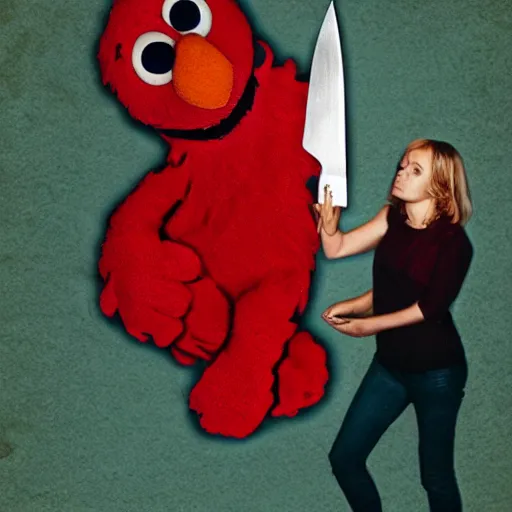 Image similar to elmo holding a bloody knife, standing over a sleeping woman, forced perspective, tv still