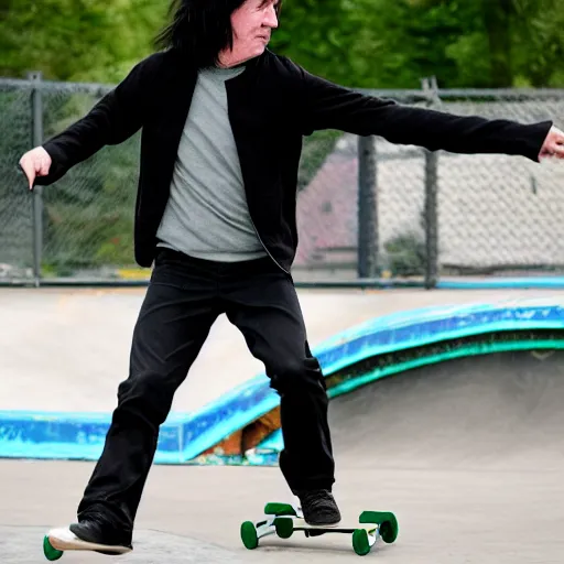 Prompt: Severus Snape skateboarding at the skate park, doing an olly, 4k, DLSR