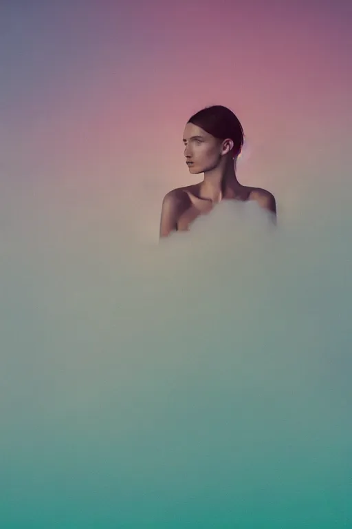 Image similar to high quality pastel coloured film close up wide angle photograph of a model wearing clothing resting on cloud furniture in a icelandic black rock!! environment in a partially haze filled dreamstate world. three point light, rainbow. photographic production. art directed. pastel colours. volumetric clouds. pastel gradient overlay. waves glitch artefacts. extreme facial clarity. 8 k. filmic.